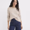 Beige Striped Knit Sweater Zikcheltee Norvella Crew Neck Long Sleeve Ribbed Casual Pullover Top