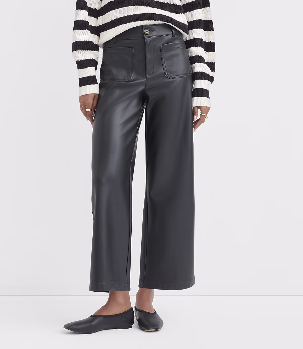 Black Faux Leather Wide Leg Pants Zikcheltee Velvona High Waist Pocket Detail Casual Trousers - Image 2
