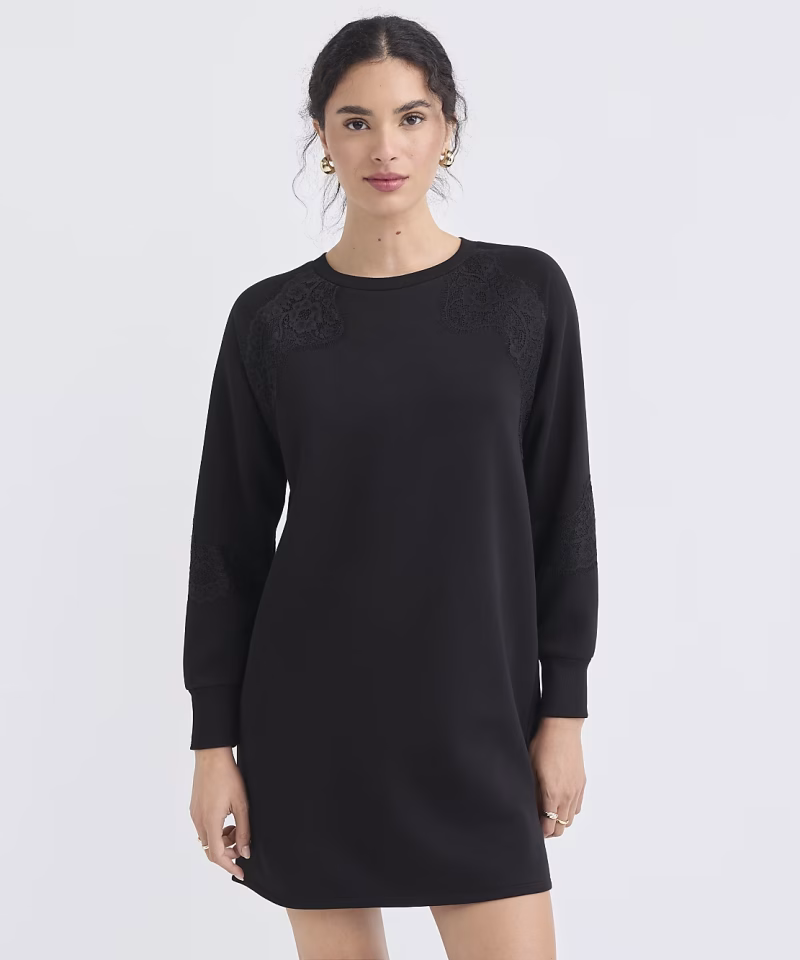 Black Lace Detail Long Sleeve Mini Dress Zikcheltee Velmora Raglan Sleeve Casual Shift Style