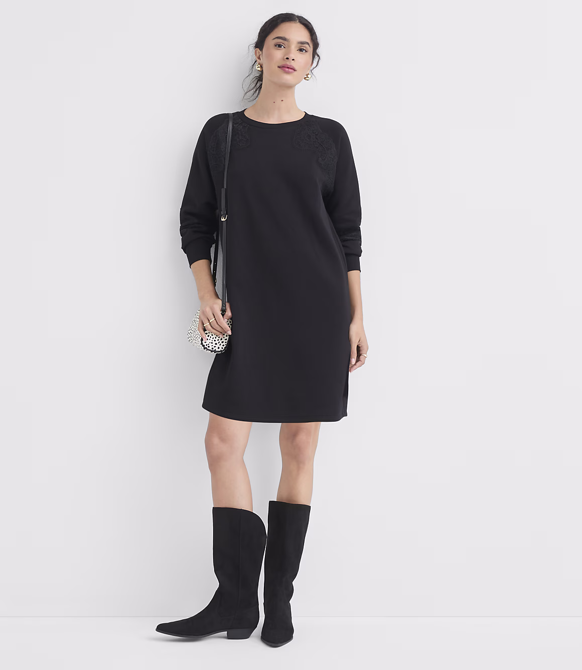 Black Lace Detail Long Sleeve Mini Dress Zikcheltee Velmora Raglan Sleeve Casual Shift Style - Image 2