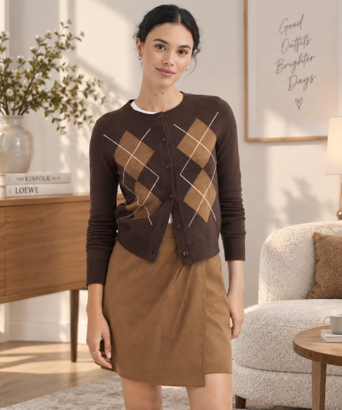 Brown Argyle Pattern Button Front Cardigan Zikcheltee Ravonix
