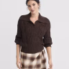 Brown Cable Knit Collared Sweater Zikcheltee Arviona Button Front Long Sleeve Textured Pullover Top