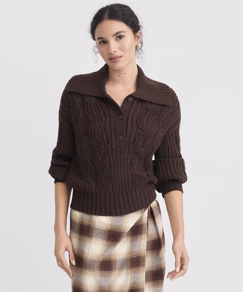 Brown Cable Knit Collared Sweater Zikcheltee Arviona Button Front Long Sleeve Textured Pullover Top