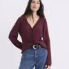 Burgundy Lace Trim Button Blouse Zikcheltee Veloria V Neck Long Sleeve Elegant Casual Top