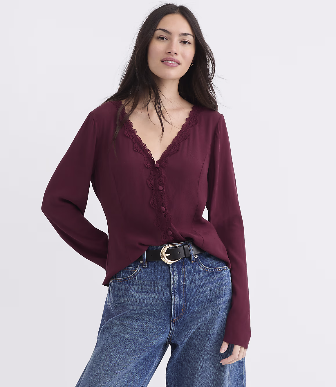 Burgundy Lace Trim Button Blouse Zikcheltee Veloria V Neck Long Sleeve Elegant Casual Top
