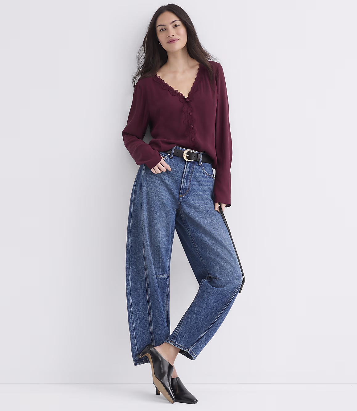Burgundy Lace Trim Button Blouse Zikcheltee Veloria V Neck Long Sleeve Elegant Casual Top - Image 2