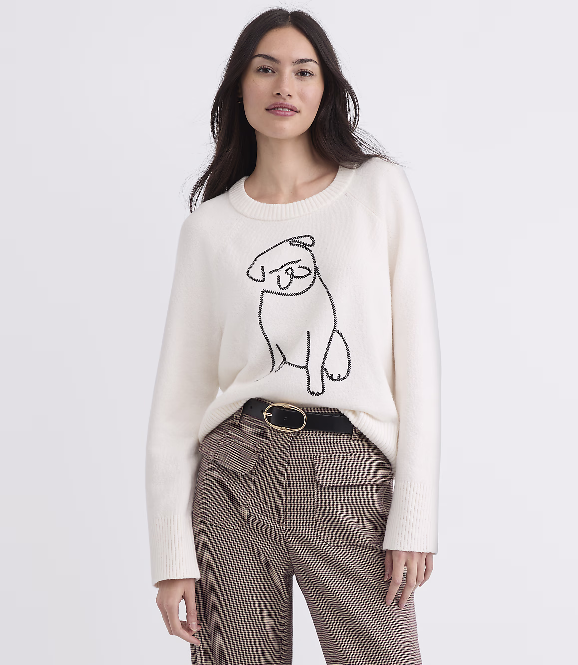 Ivory Dog Sketch Graphic Sweater Zikcheltee Lumiora Ribbed Collar Long Sleeve Knit Pullover Top