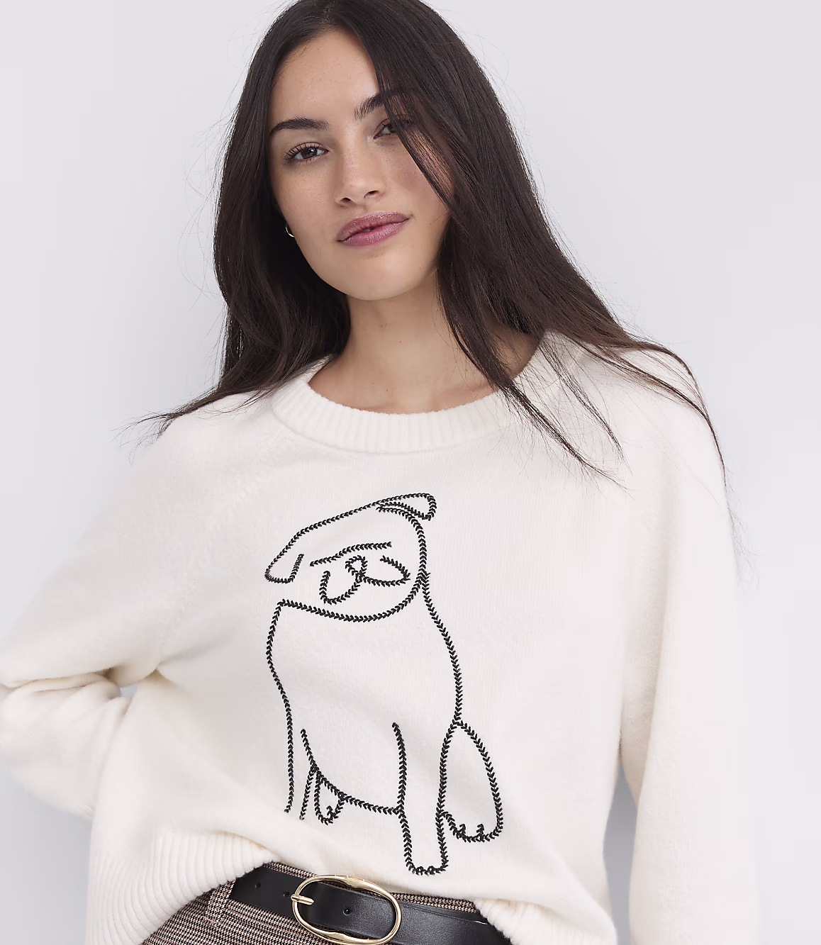 Ivory Dog Sketch Graphic Sweater Zikcheltee Lumiora Ribbed Collar Long Sleeve Knit Pullover Top - Image 2