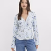 Light Blue Floral Lace Trim Blouse Zikcheltee Norvella Long Sleeve Button Front Printed Casual Top