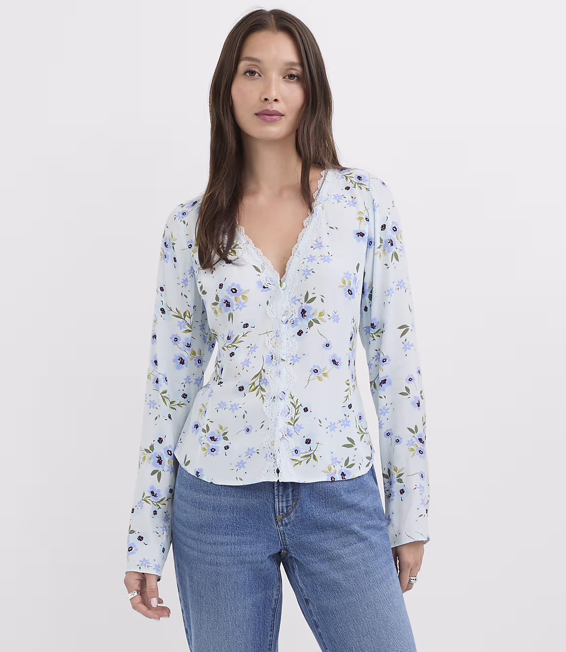 Light Blue Floral Lace Trim Blouse Zikcheltee Norvella Long Sleeve Button Front Printed Casual Top