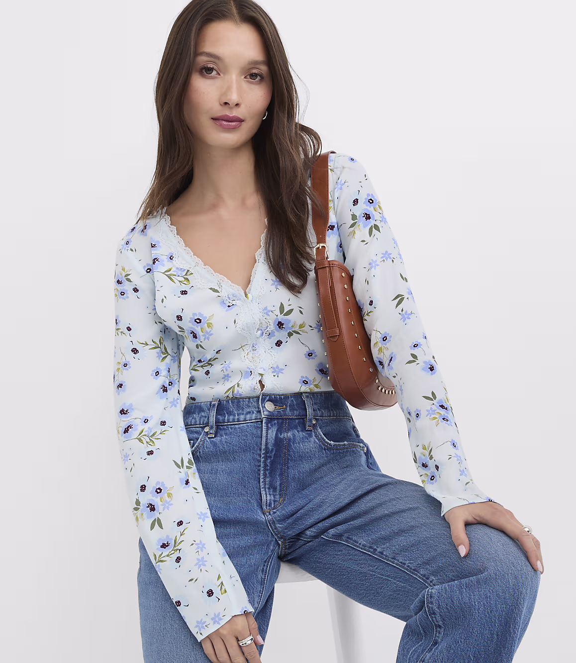 Light Blue Floral Lace Trim Blouse Zikcheltee Norvella Long Sleeve Button Front Printed Casual Top - Image 2