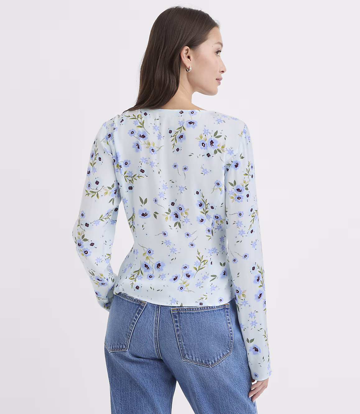 Light Blue Floral Lace Trim Blouse Zikcheltee Norvella Long Sleeve Button Front Printed Casual Top - Image 3