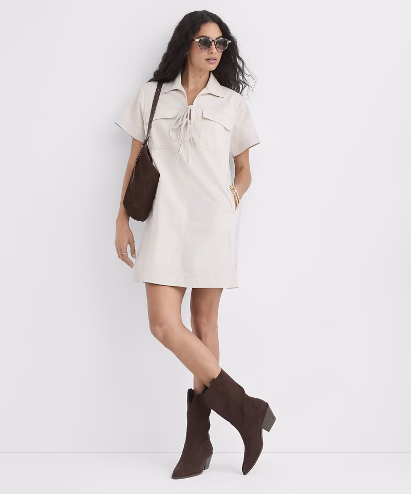 Zikcheltee White Utility Pocket Dress Elvara Tie Front Collared Short Sleeve Casual Mini Style